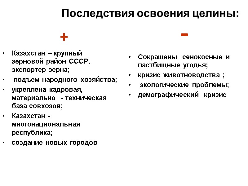 Последствия освоения целины:           